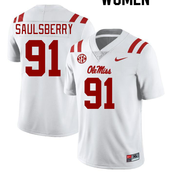 Women #91 Myles Saulsberry Ole Miss Rebels College Football Jerseyes Stitched Sale-White